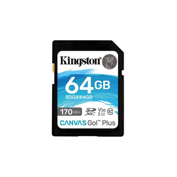 Kingston 64GB SDXC Canvas Go Plus 170R C10 UHS-I U3 V30, 64 GB, SD, Klasse 10, UHS-I, 170 MB/s, 70 MB/s