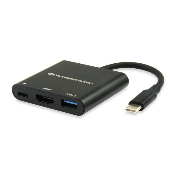 Conceptronic DONN USB-C-zu-HDMI-Adapter, USB 3.2 Gen 1 (3.1 Gen 1) Type-C, 60 W, Schwarz, HDMI, USB 3.2 Gen 1 (3.1 Gen 1) Type-A, USB 3.2 Gen 1 (3.1 Gen 1) Type-C, China, USB