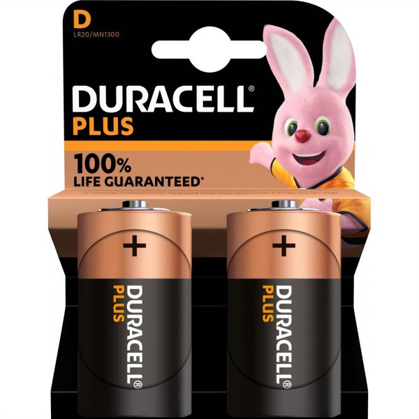 Duracell Plus 100 D, Einwegbatterie, D, Alkali, 1,5 V, 2 Stück(e), Mehrfarbig