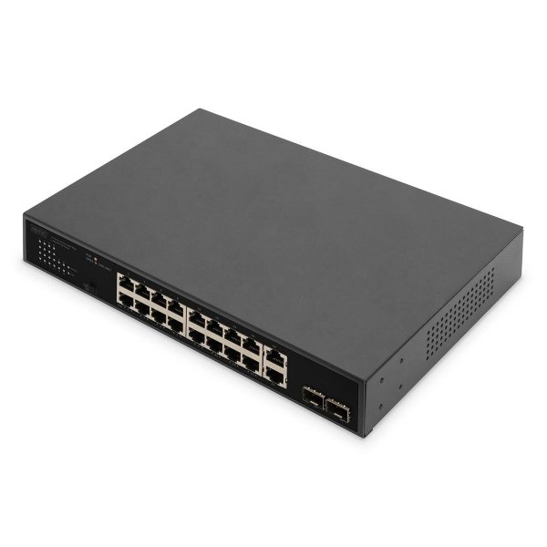 DIGITUS 16-Port Gigabit PoE Netzwerkswitch, 19 Zoll, unmanaged,2 Uplink Ports, SFP