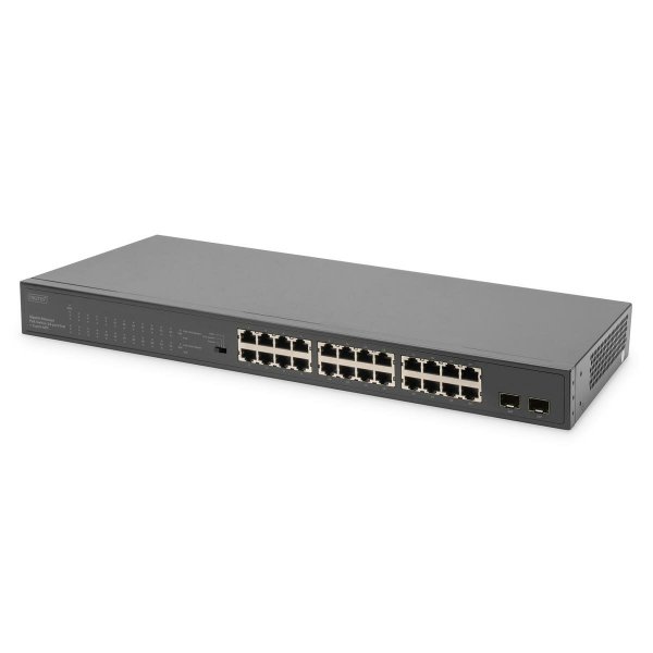 DIGITUS 24-Port Gigabit PoE Netzwerkswitch,19 Zoll, unmanaged,2 Uplink Ports, SFP, 370 W, af/at, Unmanaged, Gigabit Ethernet (10/100/1000), Vollduplex, Power over Ethernet (PoE), Rack-Einbau, 1U