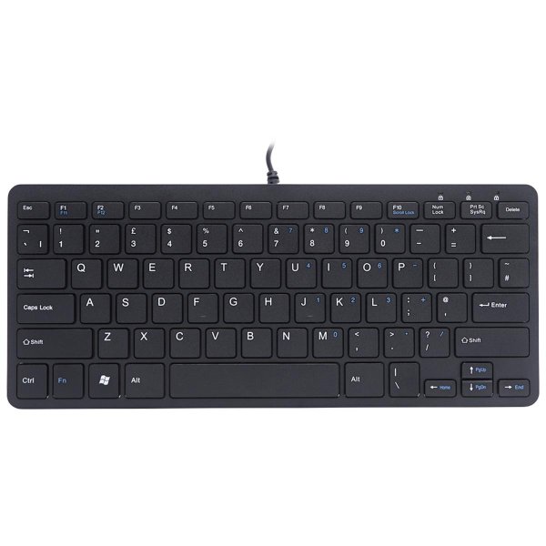 R-Go Tools Compact Ergonomische Tastatur R-Go , flaches Design, Mini-Tastatur, QWERTY (UK), verkabelt, schwarz, Mini, Kabelgebunden, USB, QWERTY, Schwarz