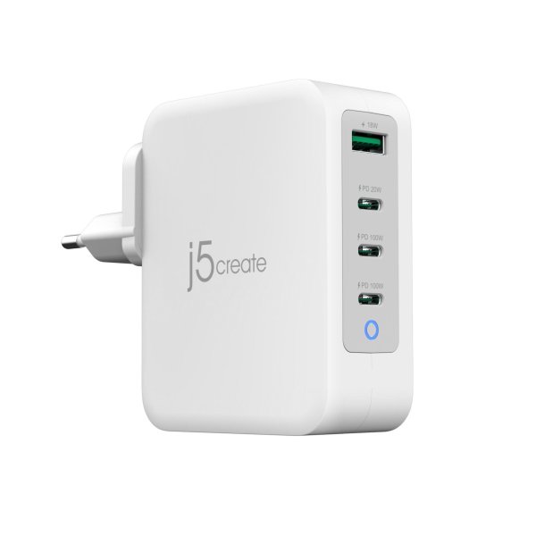 j5create JUP43130E-EN - 130-Watt-GaN-USB-C®-Ladegerät mit 4 Anschlüssen - EU, Drinnen, USB, Grau, Weiß