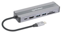 Manhattan 153928, Kabelgebunden, USB 3.2 Gen 1 (3.1 Gen 1) Type-C, 87 W, 10,100,1000 Mbit/s, Schwarz, Silber, MicroSD (TransFlash), SD