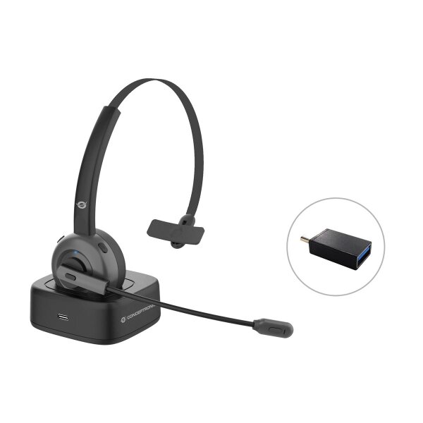 Conceptronic POLONA Kabelloses Bluetooth-Headset mit Ladedoc, Kabellos, Büro/Callcenter, 0 - 20000 Hz, 150 g, Kopfhörer, Schwarz