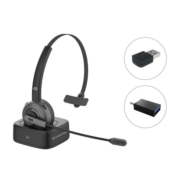 Conceptronic POLONA Kabelloses Bluetooth-Headset mit Ladedoc & Bluetooth USB audio adapter, Kabellos, Büro/Callcenter, 0 - 20000 Hz, 150 g, Kopfhörer, Schwarz