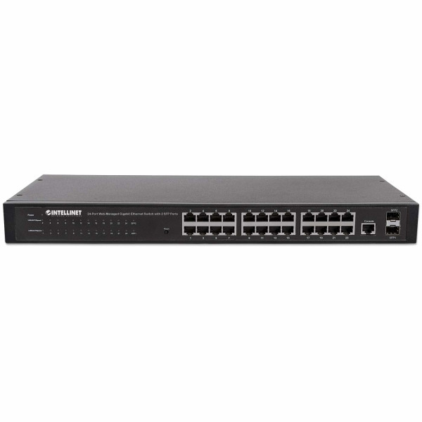 Intellinet 24-Port Web-Managed Gigabit Ethernet Switch mit 2 SFP-Ports, 24 x 10/100/1000 Mbit/s RJ45 Ports + 2 x SFP, IEEE 802.3az Energy Efficient Ethernet, SNMP, QoS, VLAN, ACL, 19" Rackmount, Managed, Gigabit Ethernet (10/100/1000), Vollduplex, Rack-Ei