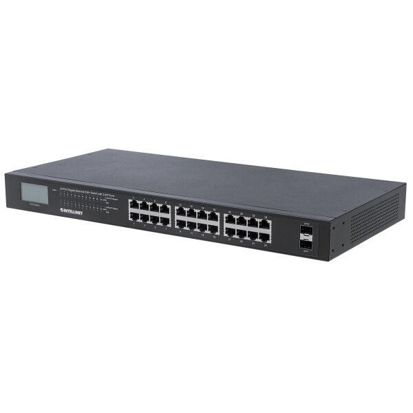 Intellinet 24-Port Gigabit Ethernet PoE+ Switch mit 2 SFP-Ports und LCD-Anzeige, LCD-Anzeige, IEEE 802.3at/af Power over Ethernet (PoE+/PoE)-konform, 370 W, Endspan, 19" Rackmount, Unmanaged, Gigabit Ethernet (10/100/1000), Vollduplex, Power over Ethernet