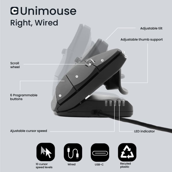 Contour Design Unimouse, rechts, kabelgebunden, Linkshändig, Vertikale Ausführung, USB Typ-C, 4000 DPI, Schwarz