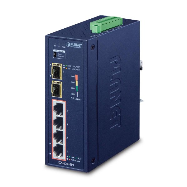 Planet IP30 Industrial 4* 1000TP PoE+ 2* 100/1000X SFP (-40 bis 70 Grad C), Unmanaged, Gigabit Ethernet (10/100/1000), Vollduplex, Power over Ethernet (PoE), Wandmontage