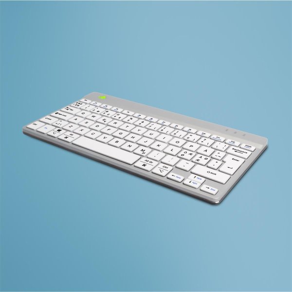 R-Go Tools Ergonomische Tastatur R-Go Compact Break, kompakte Tastatur mit Pausensoftware, QWERTY (NORDIC), Bluetooth, Weiß, Mini, Kabelgebunden, USB, QWERTY, Weiß