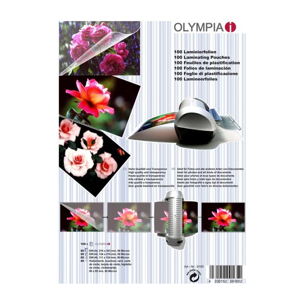 Olympia 9165, 20 x A4 216 x 303 mm 80 micron; 20 x A5 154 x 216 mm 80 micron, 20 x A6 111 x 154 mm 80 micron, 40..., 100 Stück(e)