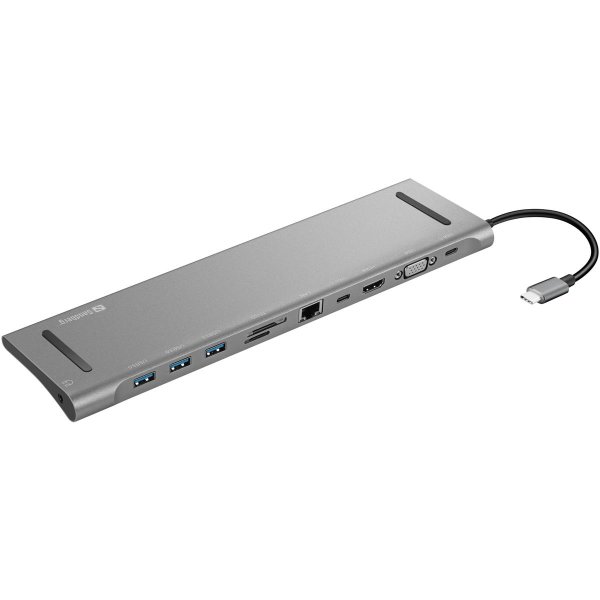 SANDBERG USB-C 10-in-1 Docking Station, Kabelgebunden, USB 3.2 Gen 1 (3.1 Gen 1) Type-C, 100 W, 10,100,1000 Mbit/s, Aluminium, MMC, MicroSD (TransFlash), SD, SDHC, SDXC