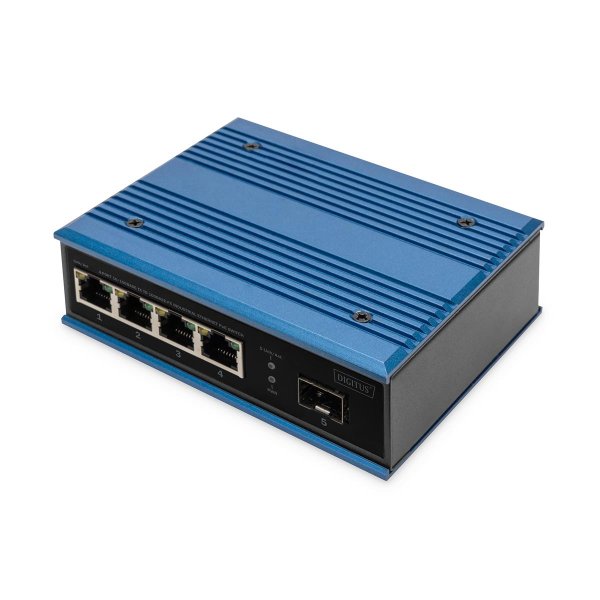 DIGITUS 4 Port Fast Ethernet Netzwerk PoE Switch, Industrial, Unmanaged, 1 SFP Uplink