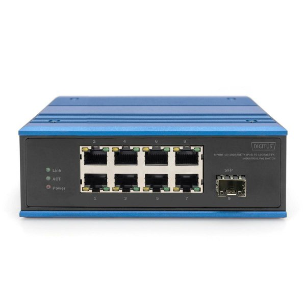 DIGITUS 8 Port Fast Ethernet Netzwerk PoE Switch, Industrial, Unmanaged, 1 SFP Uplink