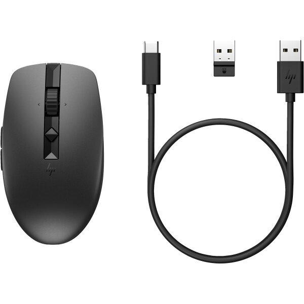 HP 710 Wiederaufladbare geräuschlose Maus, Beidhändig, RF Wireless + Bluetooth, 3000 DPI, Schwarz