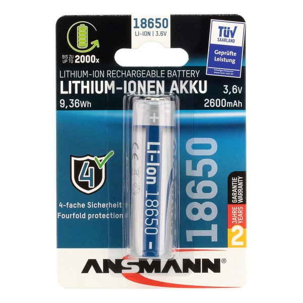 Ansmann Li-Ion Akku 18650, Wiederaufladbarer Akku, Lithium-Ion (Li-Ion), 3,6 V, 2600 mAh, 9,36 Wh, Silber