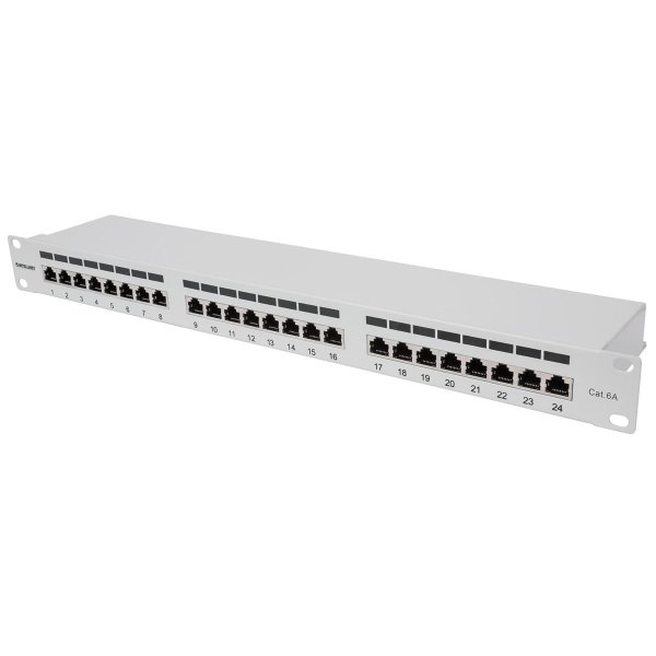 Intellinet 24-Port Cat6a Patchpanel, geschirmt, FTP, 1 HE, Klemmleisten mit 90 Grad abgewinkelten Kabeleinführungen, grau, IEEE 802.3, IEEE 802.3ab, IEEE 802.3u, Gigabit Ethernet, Cat6a, F/UTP (FTP), 22/24, Grau