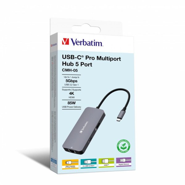 Verbatim CMH-05, USB Typ-C, HDMI, RJ-45, USB 3.2 Gen 1 (3.1 Gen 1) Type-C, USB Typ-C, 5000 Mbit/s, 60 Hz, Silber, Acrylnitril-Butadien-Styrol (ABS), Aluminium