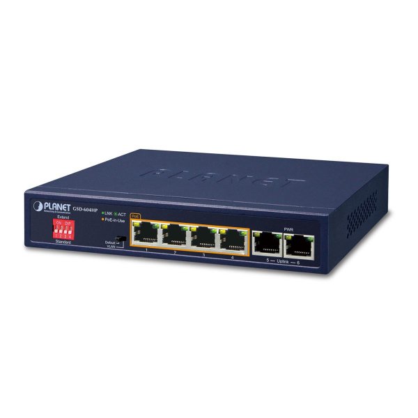 Planet GSD-604HP, Unmanaged, Gigabit Ethernet (10/100/1000), Power over Ethernet (PoE)