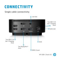 HP USB-C-Dockingstation G5, Kabelgebunden, USB 3.2 Gen 1 (3.1 Gen 1) Type-C, Schwarz, China, Business, Windows 10, Windows 7