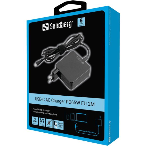 SANDBERG USB-C AC Charger PD65W EU 2M, Drinnen, AC, 20 V, 1 m, Schwarz