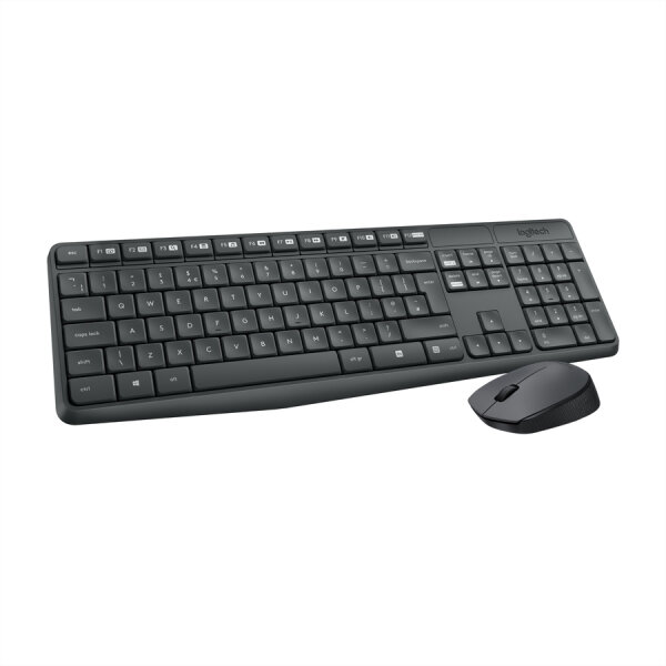 Logitech MK235, Volle Größe (100%), Kabellos, USB, QWERTZ, Grau, Maus enthalten