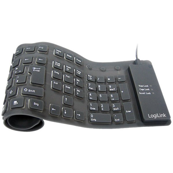 LogiLink Keyboard flexible waterproof, Kabelgebunden, USB + PS/2, QWERTY, Schwarz