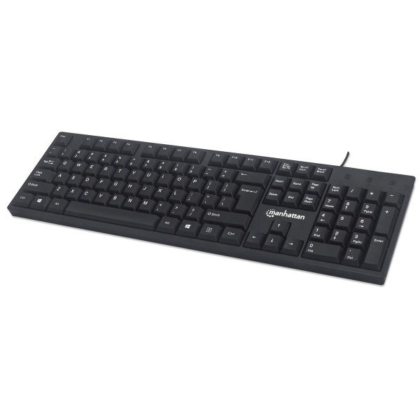 Manhattan USB-Tastatur, Kabelgebunden, 104 Tasten, integriertes USB-Kabel, LED-Anzeigen, schwarz, Volle Größe (100%), Kabelgebunden, USB, Mechanischer Switch, QWERTY, Schwarz