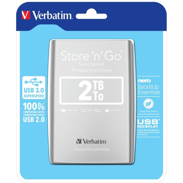 Verbatim Portables Festplattenlaufwerk Store n Go USB 3.0, 2 TB, Silber, 2,05 TB, 3.2 Gen 1 (3.1 Gen 1), 5400 RPM, Silber