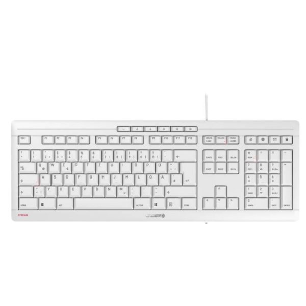 Cherry STREAM KEYBOARD, Kabelgebundene Tastatur, hellgrau, USB (QWERTZ - DE), Volle Größe (100%), Kabelgebunden, USB, Mechanischer Switch, QWERTZ, Weiß