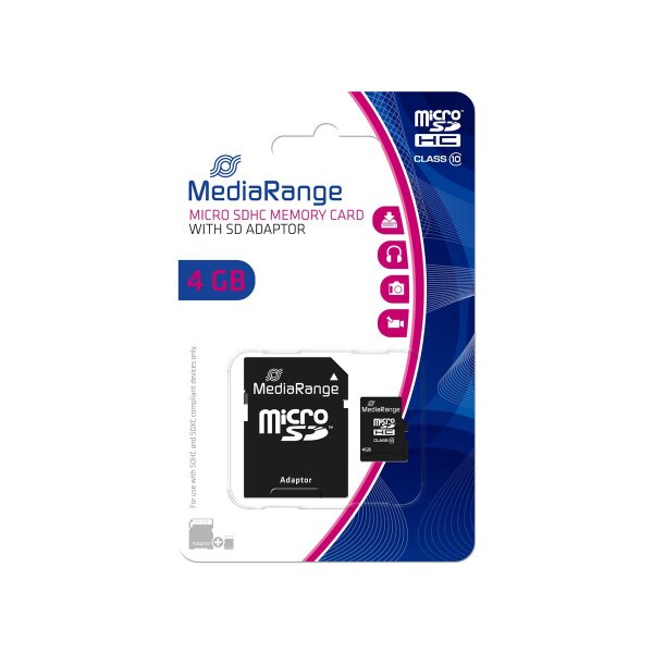 MEDIARANGE MR956, 4 GB, MicroSDHC, Klasse 10, 15 MB/s, 10 MB/s, Schwarz