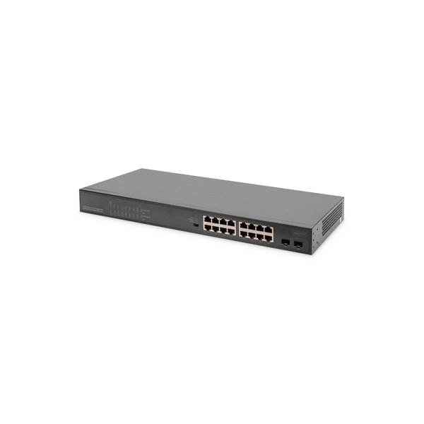 DIGITUS 16-Port Gigabit + 2-Port Gigabit SFP Unmanaged PoE Switch, Unmanaged, Gigabit Ethernet (10/100/1000), Vollduplex, Power over Ethernet (PoE), Rack-Einbau, 1U