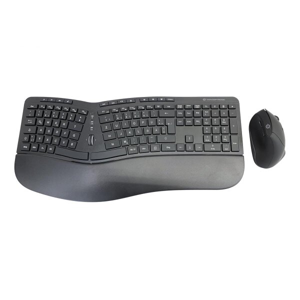 Conceptronic ORAZIO ERGO Kabelloses Set aus ergonomischer Tastatur und vertikaler Maus, deutsch, Volle Größe (100%), Kabellos, RF Wireless, QWERTZ, Schwarz, Maus enthalten