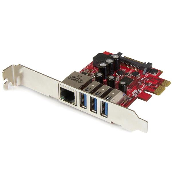 StarTech.com 3 Port PCI Express USB 3.0 Karte mit Gigabit Ethernet, Eingebaut, Kabelgebunden, PCI Express, Ethernet, 5000 Mbit/s, Metallisch, Rot