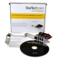 StarTech.com 3 Port PCI Express USB 3.0 Karte mit Gigabit Ethernet, Eingebaut, Kabelgebunden, PCI Express, Ethernet, 5000 Mbit/s, Metallisch, Rot