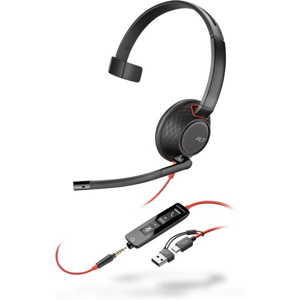 HP POLY Blackwire 5210 Monaural USB-C-Headset +3,5-mm-Stecker +USB-C/A-Adapter, Kabelgebunden, Büro/Callcenter, 165,2 g, Kopfhörer, Schwarz