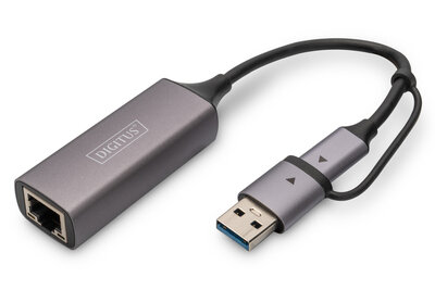 DIGITUS USB Type-C Gigabit Ethernet Adapter 2.5G, USB-C + USB A (USB3.1/3.0)