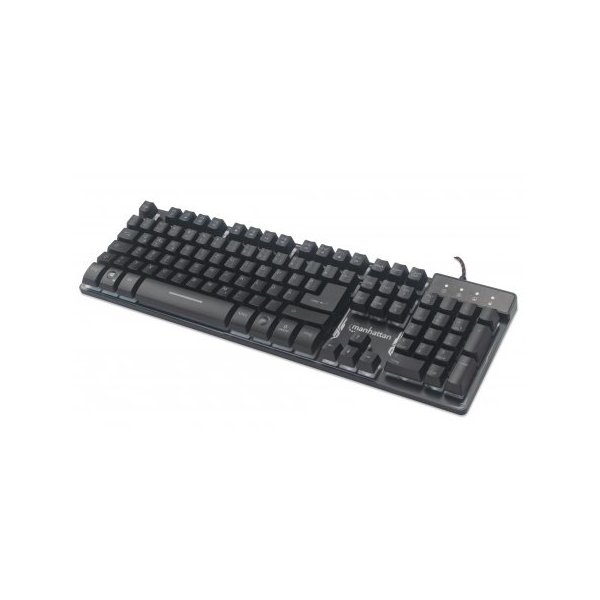 Manhattan USB-Gaming-Tastatur mit LEDs und Metallunterseite, 12 Funktionstasten, Metallunterseite, farbige LED-Hintergrundbeleuchtung, 19 Anti-Ghosting-Tasten, Schutzklasse IPX4 (spritzwassergeschützt), schwarz, Volle Größe (100%), Kabelgebunden, USB, QWE