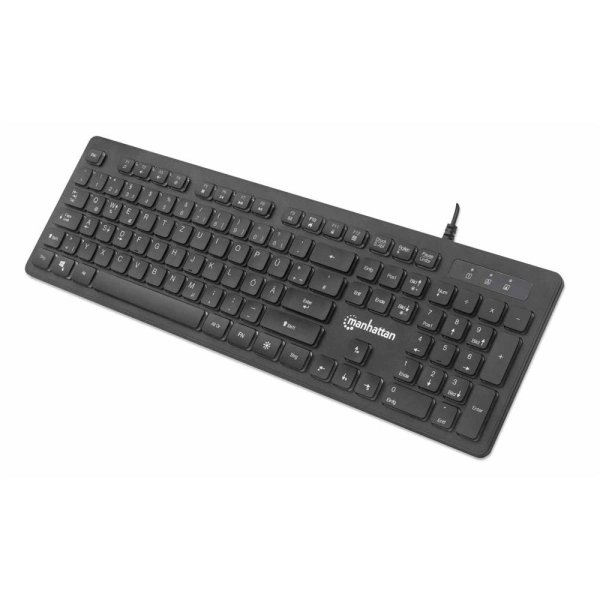 Manhattan Ultraflache USB-Gaming-Tastatur mit LEDs, 12 Multimedia-Funktionstasten, farbige LED-Hintergrundbeleuchtung, schwarz, Volle Größe (100%), Kabelgebunden, USB, RGB-LED, Schwarz