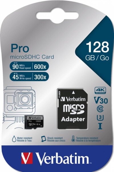 Verbatim Pro, 128 GB, MicroSDXC, Klasse 10, UHS-I, 90 MB/s, 45 MB/s