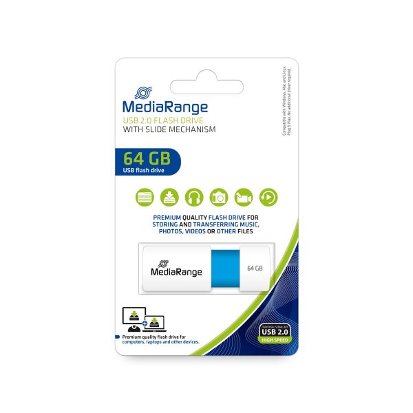 MEDIARANGE USB Stick 64GB MR974, 64 GB, USB Typ-A, 2.0, 16 MB/s, Dia, Blau, Weiß