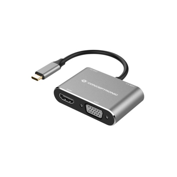 Conceptronic DONN16G 4-in-1 USB 3.2 Gen 1 Dockingstation, HDMI, VGA, USB-A 3.0, 100W USB PD, Kabelgebunden, USB 3.2 Gen 1 (3.1 Gen 1) Type-C, 100 W, Schwarz, Silber, 4K Ultra HD, 4096 x 2160 Pixel