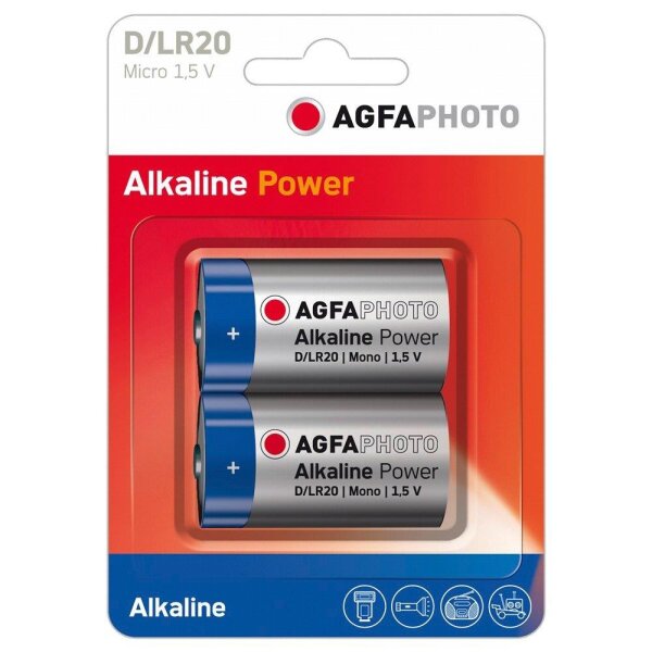 AgfaPhoto 110-802619, Einwegbatterie, D, Alkali, 1,5 V, 2 Stück(e), Blau, Grau