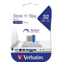 Verbatim Store n Stay NANO - USB 3.0-Stick 32 GB - Blau, 32 GB, USB Typ-A, 3.2 Gen 1 (3.1 Gen 1), Kappe, 3 g, Blau