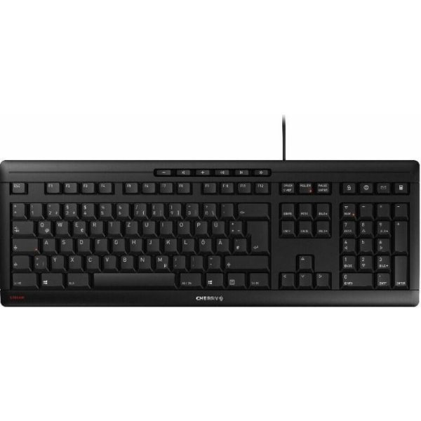 Cherry STREAM KEYBOARD, Volle Größe (100%), Kabelgebunden, USB, Mechanischer Switch, QWERTZ, Schwarz