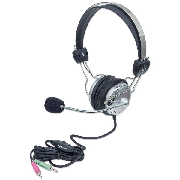 Manhattan Stereoheadset, Verstellbarer Kopfbügel und flexibles Mikrofon, Kabelgebunden, 20 - 20000 Hz, Anrufe/Musik, 340 g, Kopfhörer, Grau