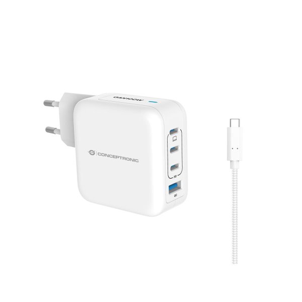 Conceptronic 4-Port 100W GaN USB-PD-Ladegerät mit USB-C-Ladekabel, USB-C x 3, USB-A x 1, QC 3.0, PPS, Drinnen, AC, 20 V, 1,5 m, Weiß