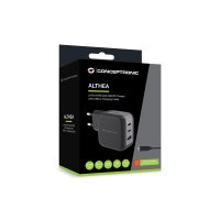 Conceptronic 3-Port 67W GaN USB-PD-Ladegerät mit USB-C-Ladekabel, USB-C x 2, USB-A x 1, QC 3.0, PPS, Drinnen, AC, 20 V, 1,5 m, Schwarz