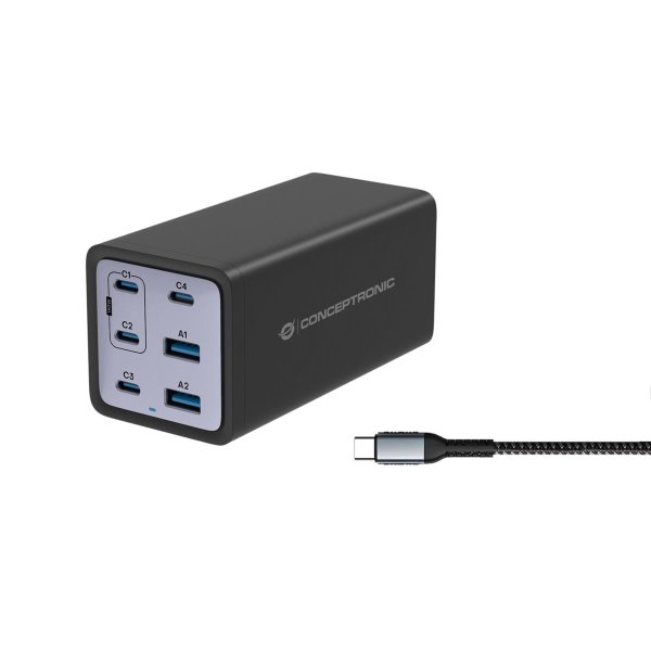 Conceptronic 6-Port 200W GaN USB-PD 3.1-Ladegerät mit USB-C-Ladekabel, USB-C x 4, USB-A x 2, QC 3.0, PD 3.1, Drinnen, AC, 55 V, Schwarz